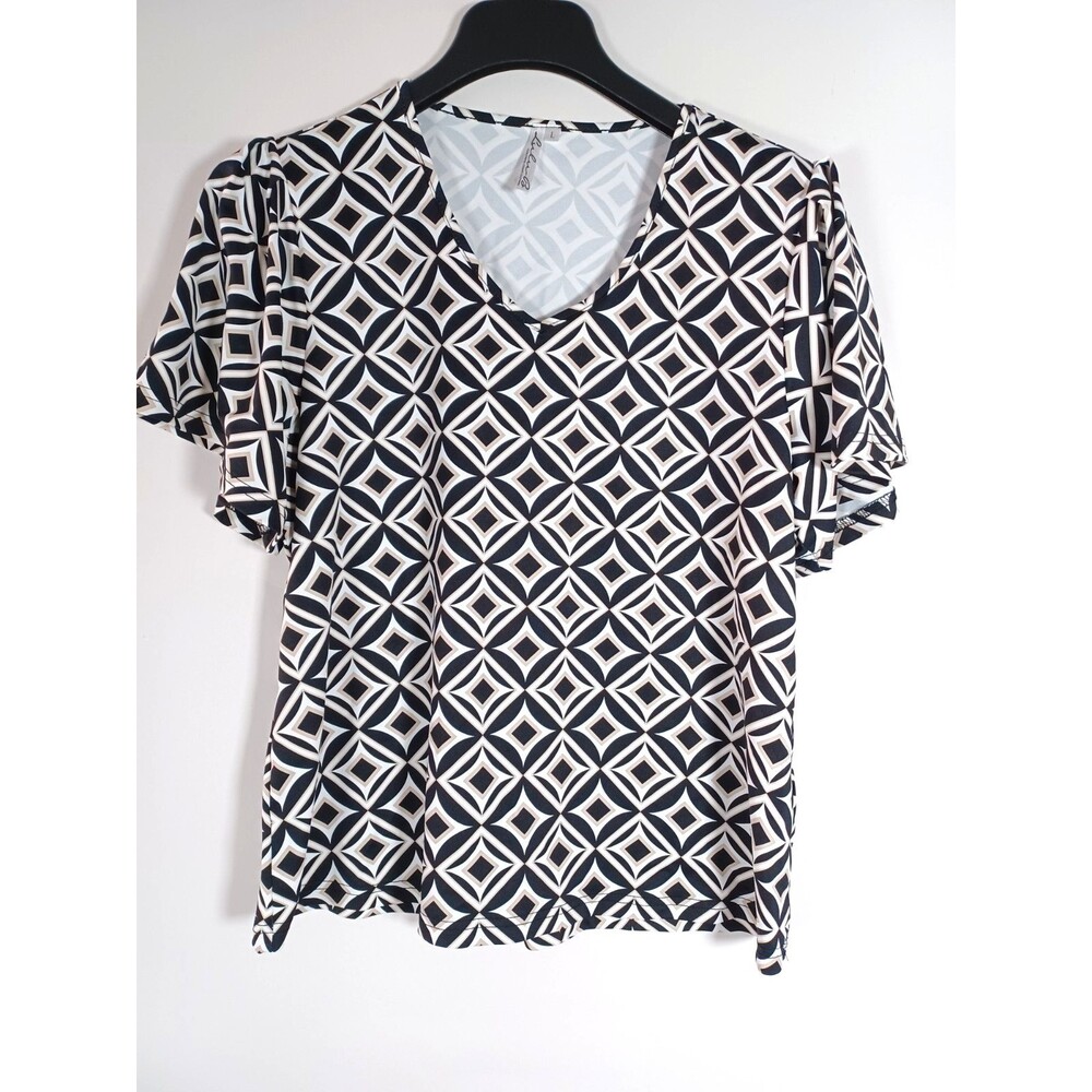 Lulu B Top Large‎ Flutter Sleeve Stretch Geometric Career Nautical UPF Preppy
